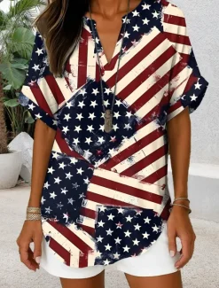 Hot Women's Patriotic Blouse Graphic Flag Vintage Daily Stylish Short Sleeve V Neck Regular Tops Daily Holiday Denim Blue Red Blue Dusty Blue Summer Spring Women Independence Day Top