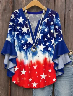 Hot Women's Patriotic Blouse Layered Ruffle Sleeve Tops Graphic Flag Bohemia Vintage Ethnic 3/4 Length Sleeve V Neck Regular Tops Daily Print White Red Blue Fall Women Independence Day Top