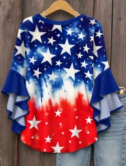 Hot Women's Patriotic Blouse Layered Ruffle Sleeve Tops Graphic Flag Bohemia Vintage Ethnic 3/4 Length Sleeve V Neck Regular Tops Daily Print White Red Blue Fall Women Independence Day Top