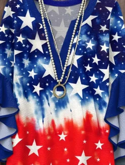 Hot Women's Patriotic Blouse Layered Ruffle Sleeve Tops Graphic Flag Bohemia Vintage Ethnic 3/4 Length Sleeve V Neck Regular Tops Daily Print White Red Blue Fall Women Independence Day Top