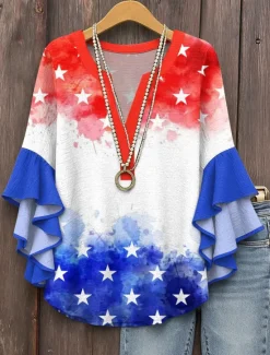 Hot Women's Patriotic Blouse Layered Ruffle Sleeve Tops Graphic Flag Bohemia Vintage Ethnic 3/4 Length Sleeve V Neck Regular Tops Daily Print White Red Blue Fall Women Independence Day Top