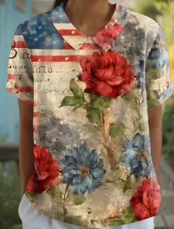 Hot Women's Patriotic Blouse Graphic Flag Stylish Casual Short Sleeve Shirt Collar Regular Tops Work Daily Print Yellow Red Blue Summer Spring Women Independence Day Top