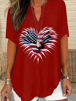 Best Women's Patriotic Blouse Graphic Flag Vintage Stylish Modern Short Sleeve V Neck Regular Tops Daily Black White Pink Red Blue Summer Spring Women Independence Day Top