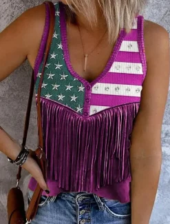 Online Women's Patriotic Camisole Tank Top Flag Stylish Western Casual Sleeveless Sleeveless V Neck Crop Tops Daily Print Red Blue Purple Summer Spring Women Independence Day Top