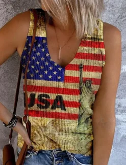 Discount Women's Patriotic Camisole Tank Top Flag Trendy Rock Beach Sleeveless Sleeveless V Neck Regular Tops Daily Club Uniforms Going out Yellow Blue Sky Blue Women Independence Day Top