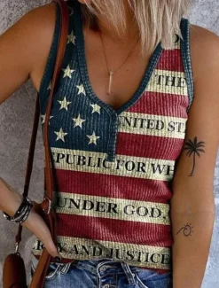Discount Women's Patriotic Camisole Tank Top Flag Trendy Rock Beach Sleeveless Sleeveless V Neck Regular Tops Daily Club Uniforms Going out Yellow Blue Sky Blue Women Independence Day Top
