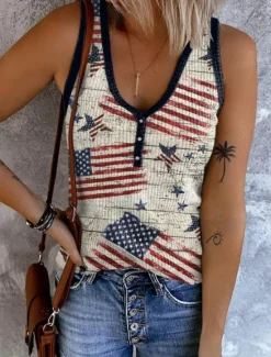 Discount Women's Patriotic Camisole Tank Top Flag Trendy Rock Beach Sleeveless Sleeveless V Neck Regular Tops Daily Club Uniforms Going out Yellow Blue Sky Blue Women Independence Day Top