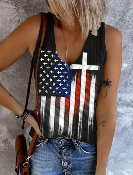 Discount Women's Patriotic Camisole Tank Top Flag Trendy Rock Beach Sleeveless Sleeveless V Neck Regular Tops Daily Club Uniforms Going out Yellow Blue Sky Blue Women Independence Day Top