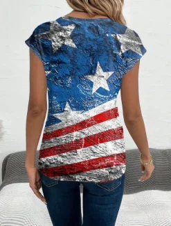 Clearance Women's Patriotic Camisole Tank Top American Flag Casual Short Sleeve V Neck Regular Tops Daily Summer Women Independence Day Top|T-Shirts