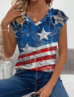 Clearance Women's Patriotic Camisole Tank Top American Flag Casual Short Sleeve V Neck Regular Tops Daily Summer Women Independence Day Top|T-Shirts