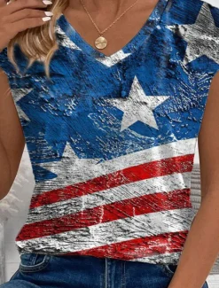 Clearance Women's Patriotic Camisole Tank Top American Flag Casual Short Sleeve V Neck Regular Tops Daily Summer Women Independence Day Top|T-Shirts