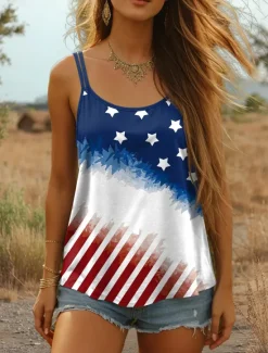 Outlet Women's Patriotic Camisole Tank Top Graphic Flag Vintage Stylish Casual Sleeveless Scoop Neck Regular Tops Daily Holiday Print White Red Blue Summer Spring Women Independence Day Top