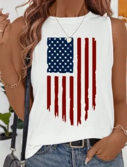 Sale Women's Patriotic Camisole Tank Top Graphic Flag Vintage Tropical Daily Sleeveless Crew Neck Regular Tops Daily Holiday White Dark Gray Beige Summer Spring Women Independence Day Top