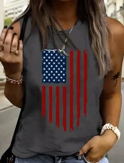 Sale Women's Patriotic Camisole Tank Top Graphic Flag Vintage Tropical Daily Sleeveless Crew Neck Regular Tops Daily Holiday White Dark Gray Beige Summer Spring Women Independence Day Top