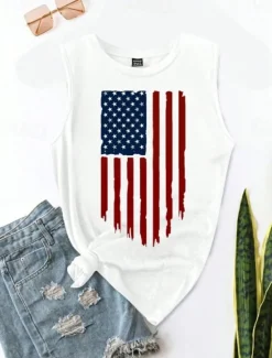 Sale Women's Patriotic Camisole Tank Top Graphic Flag Vintage Tropical Daily Sleeveless Crew Neck Regular Tops Daily Holiday White Dark Gray Beige Summer Spring Women Independence Day Top