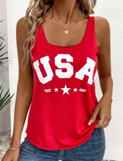 Best Women's Patriotic Camisole Tank Top Graphic Letter Vintage Casual Sleeveless Crew Neck Regular Tops Daily Vacation Wear Print Summer Women Independence Day Top