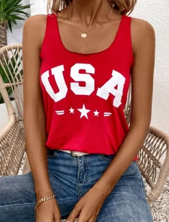 Best Women's Patriotic Camisole Tank Top Graphic Letter Vintage Casual Sleeveless Crew Neck Regular Tops Daily Vacation Wear Print Summer Women Independence Day Top