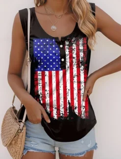Sale Women's Patriotic Camisole Tank Top Graphic Flag Casual Sleeveless Sleeveless U Neck Regular Tops Daily Buttons Print Summer Women Independence Day Top