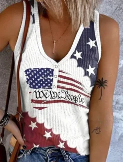 Hot Women's Patriotic Camisole Tank Top Graphic Flag Vintage Tropical Stylish Sleeveless V Neck Regular Tops Daily Print Denim Blue Black White Red Blue Summer Spring Women Independence Day Top