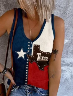 Hot Women's Patriotic Camisole Tank Top Graphic Flag Vintage Tropical Stylish Sleeveless V Neck Regular Tops Daily Print Denim Blue Black White Red Blue Summer Spring Women Independence Day Top