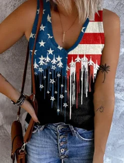 Online Women's Patriotic Camisole Tank Top Graphic Flag Vintage Stylish Casual Sleeveless V Neck Regular Tops Daily Print Black White Summer Spring Women Independence Day Top
