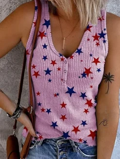 Online Women's Patriotic Camisole Tank Top Graphic Flag Vintage Tropical Stylish Sleeveless V Neck Regular Tops Daily Print White Pink Blue Summer Spring Women Independence Day Top