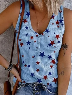 Online Women's Patriotic Camisole Tank Top Graphic Flag Vintage Tropical Stylish Sleeveless V Neck Regular Tops Daily Print White Pink Blue Summer Spring Women Independence Day Top