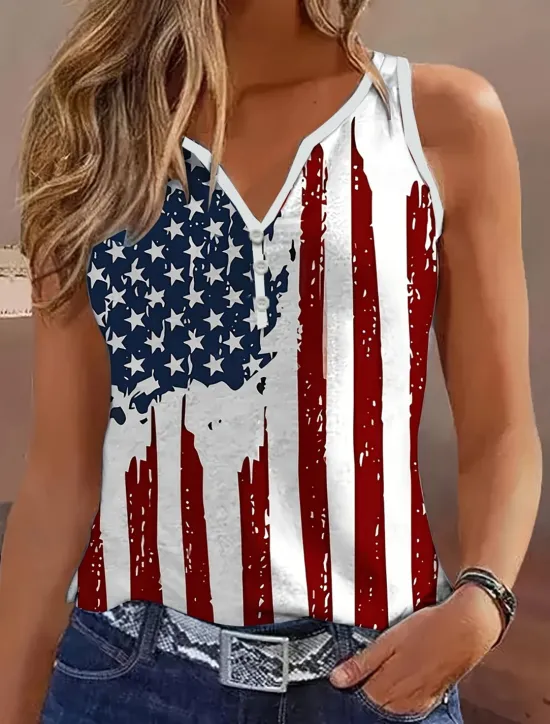 Hot Women's Patriotic Camisole Tank Top Flag Daily Stylish Sleeveless Notched Neck Regular Tops Daily Holiday Buttons Print Summer Women Independence Day Top