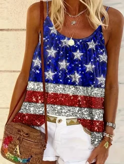 Outlet Women's Patriotic Camisole Tank Top Graphic Flag Daily Sleeveless Strap Regular Tops Daily Backless Print Summer Women Independence Day Top