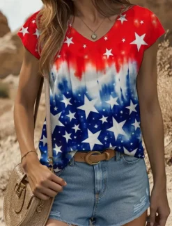 Clearance Women's Patriotic Camisole Tank Top Graphic Flag Vintage Stylish Classic Sleeveless White And Blue Short Sleeve V Neck Regular Tops Daily Print Summer Spring Women Independence Day Top