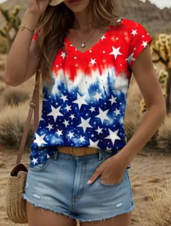 Clearance Women's Patriotic Camisole Tank Top Graphic Flag Vintage Stylish Classic Sleeveless White And Blue Short Sleeve V Neck Regular Tops Daily Print Summer Spring Women Independence Day Top