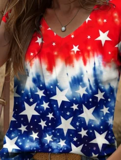 Clearance Women's Patriotic Camisole Tank Top Graphic Flag Vintage Stylish Classic Sleeveless White And Blue Short Sleeve V Neck Regular Tops Daily Print Summer Spring Women Independence Day Top