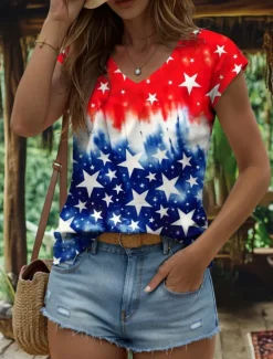 Clearance Women's Patriotic Camisole Tank Top Graphic Flag Vintage Stylish Classic Sleeveless White And Blue Short Sleeve V Neck Regular Tops Daily Print Summer Spring Women Independence Day Top