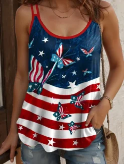 Discount Women's Patriotic Camisole Tank Top Graphic Flag Casual Sleeveless Scoop Neck Regular Tops Daily Holiday Print Yellow Wine Red Blue Summer Spring Women Independence Day Top