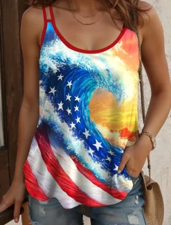 Discount Women's Patriotic Camisole Tank Top Graphic Flag Casual Sleeveless Scoop Neck Regular Tops Daily Holiday Print Yellow Wine Red Blue Summer Spring Women Independence Day Top