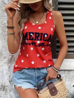 Online Women's Patriotic Camisole Tank Top Graphic Polka Dot Letter Elegant Daily Hawaiian Sleeveless Crew Neck Regular Tops Daily Holiday Beach Wear Summer Spring Women Independence Day Top