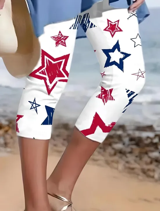 Women's Patriotic Capri Pants Leggings Vacation Fashion Streetwear Calf-Length High Waist Pants Star Gradient Striped Printing Breathable Soft Stretchy Women Leggings|Independence Day Bottoms