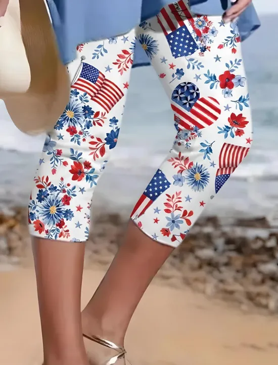 Women's Patriotic Capri Pants Leggings Vacation Fashion Streetwear Calf-Length High Waist Pants Star Gradient Striped Printing Breathable Soft Stretchy Women Leggings|Independence Day Bottoms