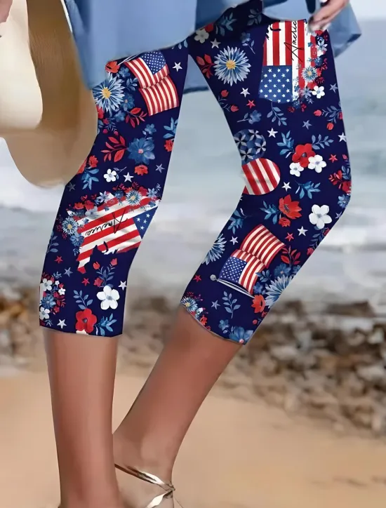 Women's Patriotic Capri Pants Leggings Vacation Fashion Streetwear Calf-Length High Waist Pants Star Gradient Striped Printing Breathable Soft Stretchy Women Leggings|Independence Day Bottoms