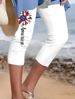 Outlet Women's Patriotic Capri Pants Leggings Vacation Vintage Fashion Calf-Length High WaistPants Star Gradient Striped Printing Breathable Soft Stretchy Outdoor Vacation Women Independence Day Bottoms|Leggings
