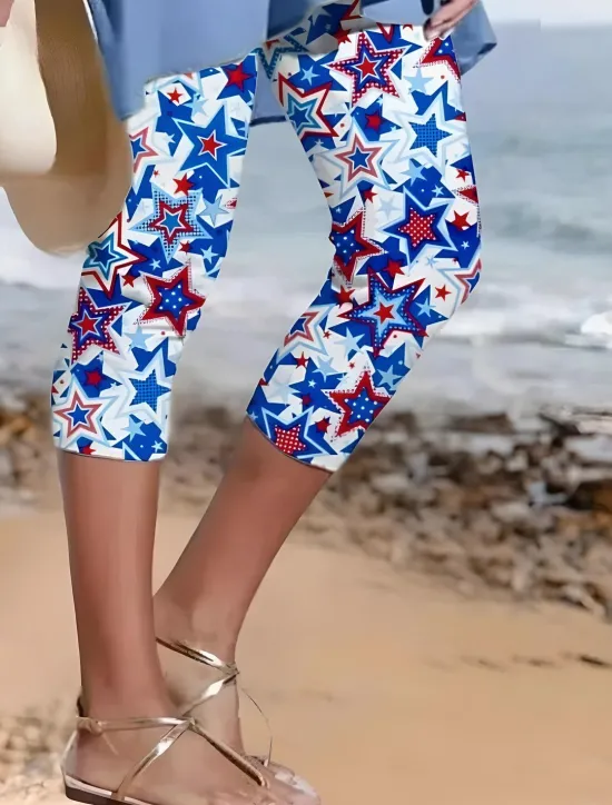 Outlet Women's Patriotic Capri Pants Leggings Vacation Vintage Fashion Calf-Length High WaistPants Star Gradient Striped Printing Breathable Soft Stretchy Outdoor Vacation Women Independence Day Bottoms|Leggings