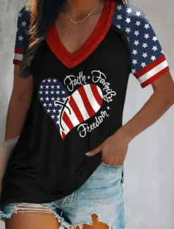 Sale Women's Patriotic Cotton Shirt Graphic Flag Vintage Daily Casual Short Sleeve V Neck Regular Tops Daily Print Black Red Blue Light Grey Summer Spring Women Independence Day Top