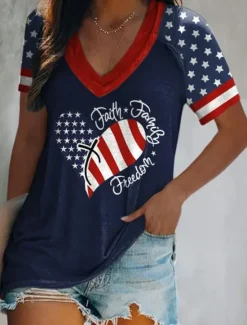 Sale Women's Patriotic Cotton Shirt Graphic Flag Vintage Daily Casual Short Sleeve V Neck Regular Tops Daily Print Black Red Blue Light Grey Summer Spring Women Independence Day Top