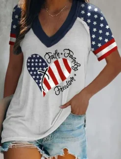 Sale Women's Patriotic Cotton Shirt Graphic Flag Vintage Daily Casual Short Sleeve V Neck Regular Tops Daily Print Black Red Blue Light Grey Summer Spring Women Independence Day Top