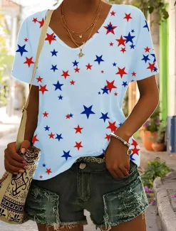 Women's Patriotic Cotton Shirt Graphic Vintage Stylish Classic Sleeveless Short Sleeve V Neck Regular Tops Daily Print Black White Pink Green Beige Summer Spring Women Independence Day Top