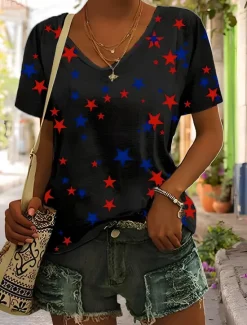 Women's Patriotic Cotton Shirt Graphic Vintage Stylish Classic Sleeveless Short Sleeve V Neck Regular Tops Daily Print Black White Pink Green Beige Summer Spring Women Independence Day Top