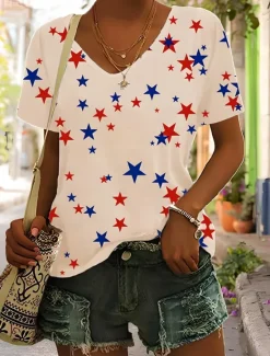 Women's Patriotic Cotton Shirt Graphic Vintage Stylish Classic Sleeveless Short Sleeve V Neck Regular Tops Daily Print Black White Pink Green Beige Summer Spring Women Independence Day Top
