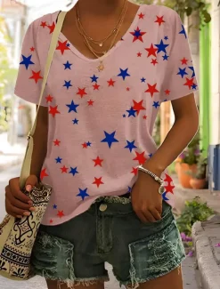 Women's Patriotic Cotton Shirt Graphic Vintage Stylish Classic Sleeveless Short Sleeve V Neck Regular Tops Daily Print Black White Pink Green Beige Summer Spring Women Independence Day Top