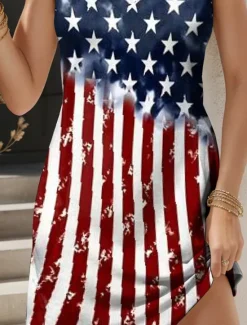 New Women's Patriotic Dress Mini Dress Sundress A Line Dress Off The Shoulder Dress Vacation Casual Boho Party Regular Fit Graphic Flag Geometric Sleeveless U Neck Women Sundresses|Independence Day Dress