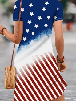 Sale Women's Patriotic Dress Mini Dress Casual Dress Stylish Casual Daily Regular Fit Flag Red White And Blue Short Sleeve Crew Neck Blue Summer Women Independence Day Dress